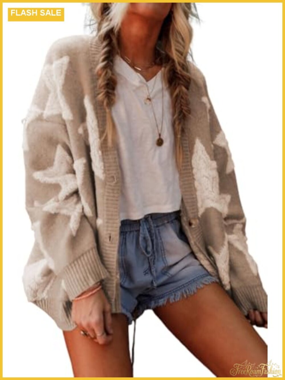 KevaMolly Women's Star Sherpa Knit Cardigan Loose Open Front Long Sleeve